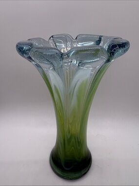 Art Glass Green and Blue Fluted Vase Murano Style